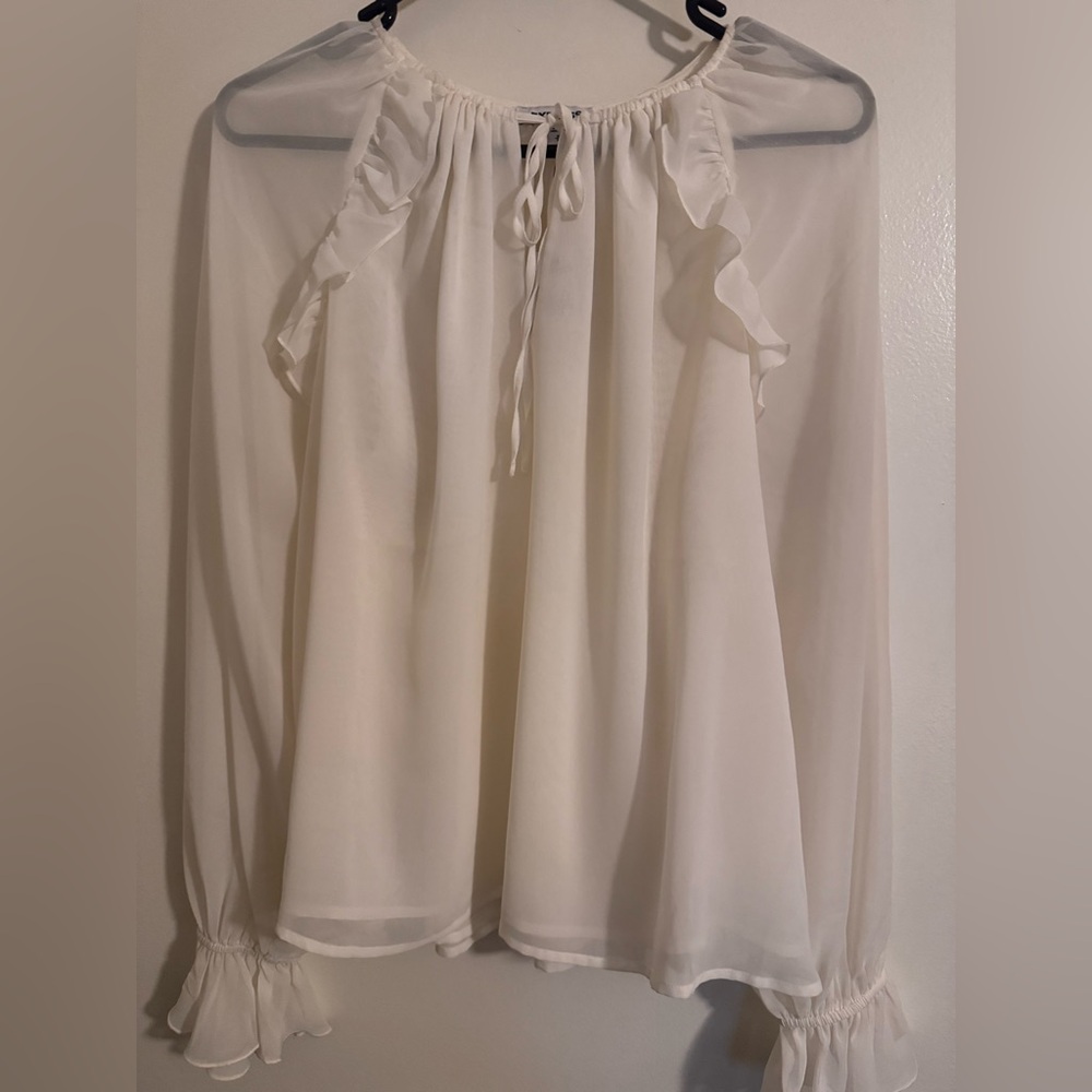 Express White Ruffled Tie Front Long Sleeve Blouse